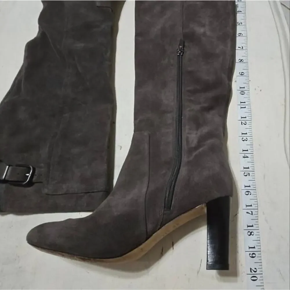 Via Spiga PArca Suede Knee High Boots‎ Buckle Heel Zip Gray Women's Size 6.5
